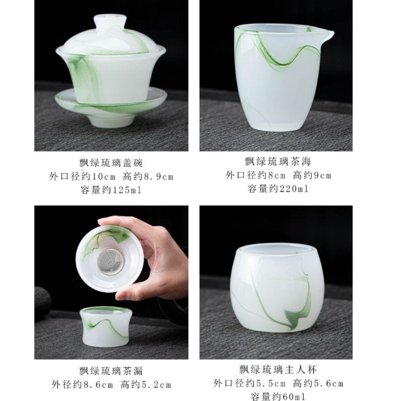 Green Antique Crystal Clear Coloured Glaze Gaiwan Tea Cup Set of 10