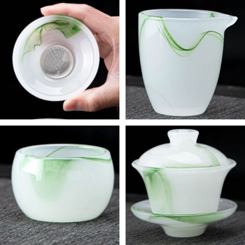 Green Antique Crystal Clear Coloured Glaze Gaiwan Tea Cup Set of 10