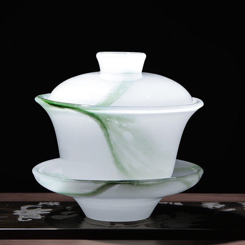 Green Antique Crystal Clear Coloured Glaze Gaiwan Tea Cup Set of 10